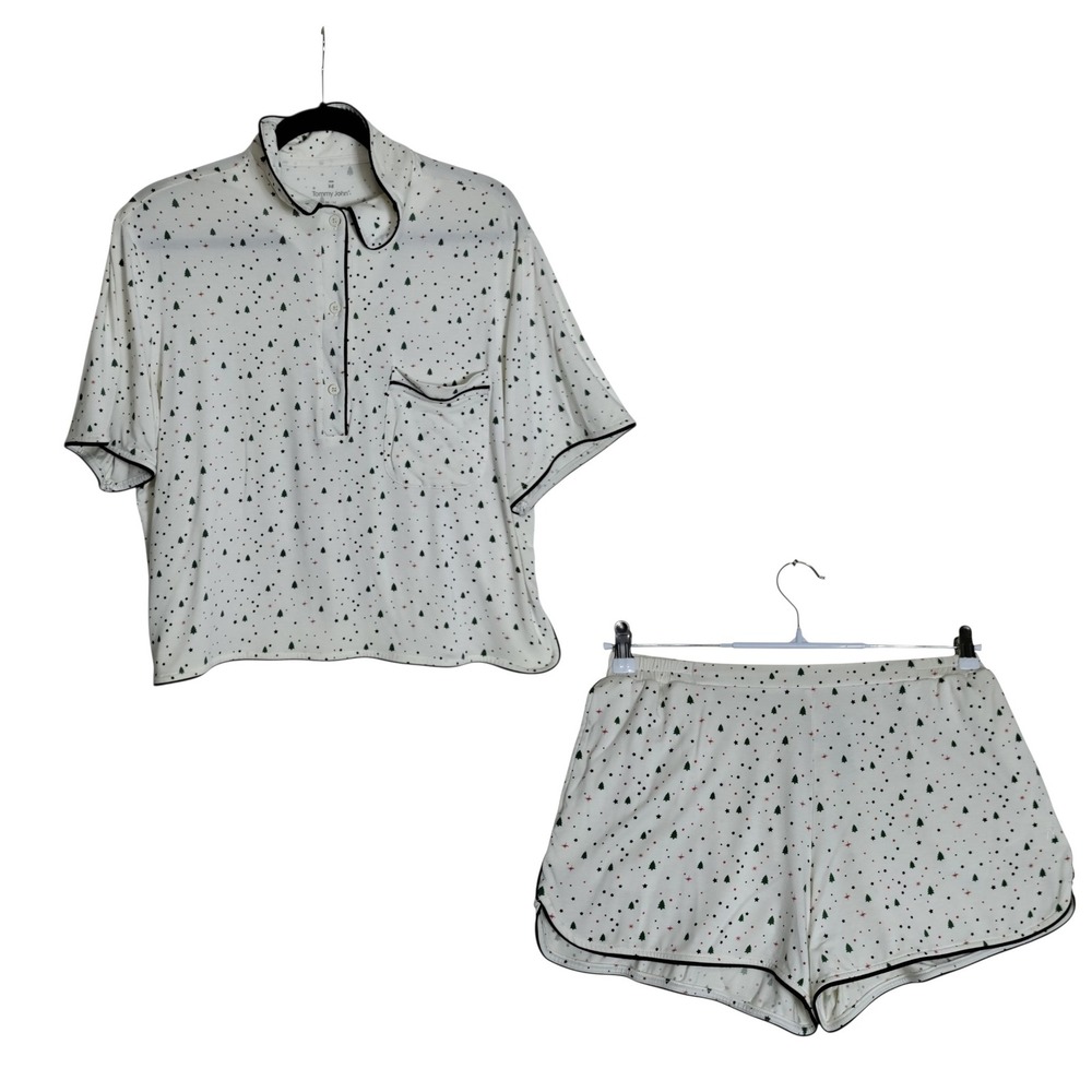 Tommy John Pajama Set Womens Medium White Christmas Tree Shorts Short Sleeve PJ
